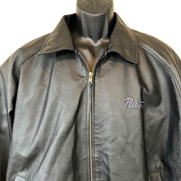 Black Leather Pabst Beer Exclusive Burk’s Bay Napa Bomber Jacket - Picture 2 of 16